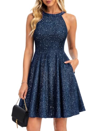 Aupuls Sparkly Homecoming Dresses for Teens Sequin Mini Party Dress Navy M