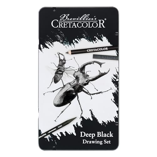 CRETACOLOR Deep Black, Set de dibujo, set de dibujo y esbozo negro intenso, 10 piezas, no tóxico, altamente pigmentado, incl. goma de borrar y rascador de papel, adecuado para artistas y principiantes
