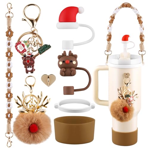 Christmas Stanley Cup Accessories Set Handle Strap Siliocne Boot Christmas Straw Cover Xmas Charms Straw Topper for Stanley Cup 40oz & 30oz Tumbler 8 Pcs (Brown)