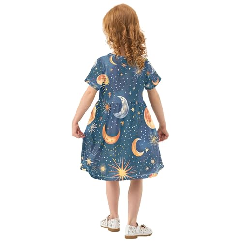 Colorful Stars Moons Planets Blue Toddler Dresses for Girls 2t Short Sleeve Easter Spring Dress Little Girl Dress3