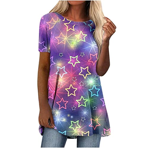 Hatoys Womens Tops Ribbing Marble Printed T Shirt Round Neck Oversized Longline Pullover Tops Short Sleeve Tunic Shirt