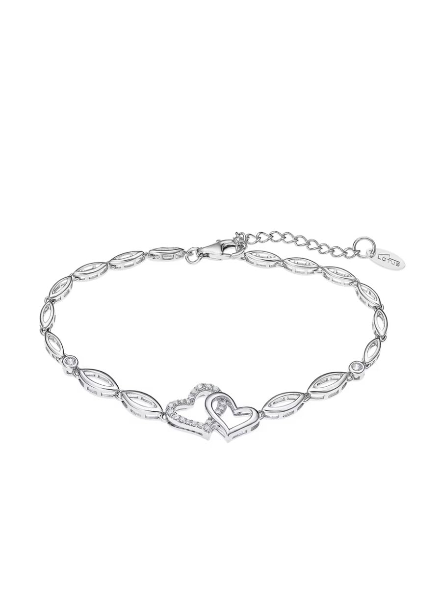 LOTUSPulsera De Plata con Dos Corazones Entrelazados Y Circonitas con Cierre Mosquetón