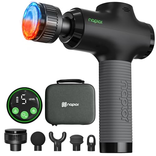 Massagepistole mit Wärme und Kälte Naplor Massage Gun Muskel Percussion Massagegerät 10mm zur Tiefengewebe-Entspannung LCD Display 5 Köpfe & 5 Stufen für Nacken Rücken Schulter inkl. Tasche