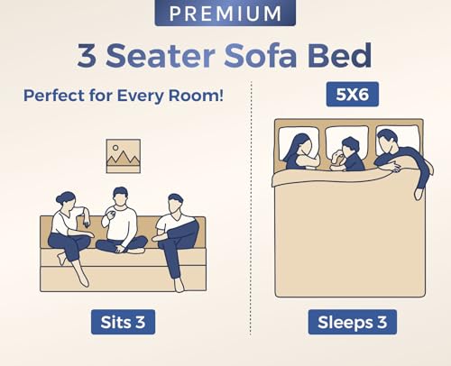 Image of uberlyfe Xtra High, Xtra Soft 3 Seater (5' x 6') Sofa Cum Bed | 1 Year Warranty | 17 inch Sofa Height | Queen Size Foldable Bed | Plush Laser Quilted Fabric | 2 Cushions Paisley Pattern | Deep Blue Color
