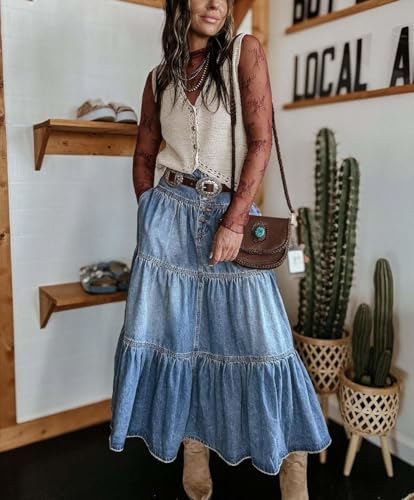 yoeasy Women's High Waist Denim Maxi Skirt Button Boho Flowy Pleated Tiered Ruffle Swing A-Line Jean Long Skirt3