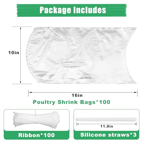 Image of Poultry Shrink Bags (100 Pcs 10x16'') - Turkey Wrap, Brining Bags BPA Free Freezer Safe for Chickens, Rabbits - With 50 Heat-Resistant Zip Ties and Silicone Straw