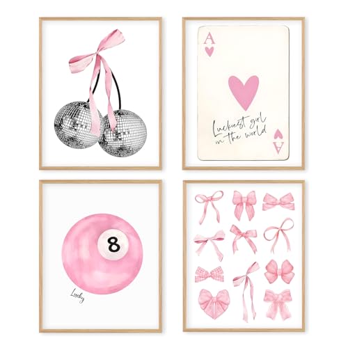 Image of Boat Wades Preppy Pink Bow 8 Ball Decor Unframed Wall Art Prints,Cherry Lucky 8 Ball Posters & Prints For Home Bedroom Livingroom Decor,Coquette Girl Room Decor 8x10 Set Of 4