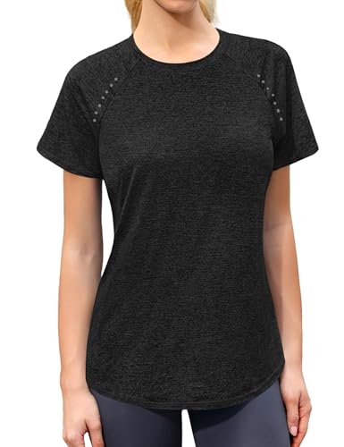 Gyabnw Gym Tops for Women UK Hollow Back Crew Neck Loose Fit Yoga Running Top Lightweight Moisture Wicking Short Sleeve for Ladies Black