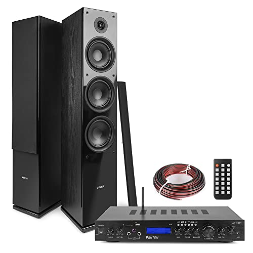 Fenton SHF80B Floor Standing HiFi Speaker System with AV-150BT Bluetooth Amplifier, 500W 3-Way Tower Speakers, Home Theatre Stereo Set, MP3, USB, Remote Control Included - Black
