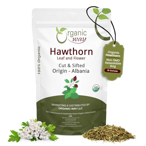 Organic Way Hawthorn Leaf and Flower Cut & Sifted (Crataegus monogyna) - Herbal Tea | European Wild-Harvest | USDA & Kosher Certified | Non GMO & Gluten Free | Origin - Albania (16 Oz)