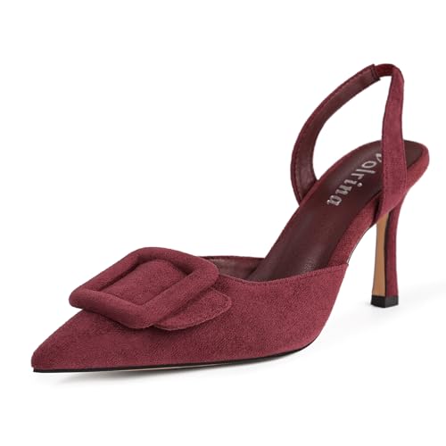 Women Slingback Heels Closed Pointed Toe Kitten Heels Buckle Suede Pumps Comfortable Dress Shoes