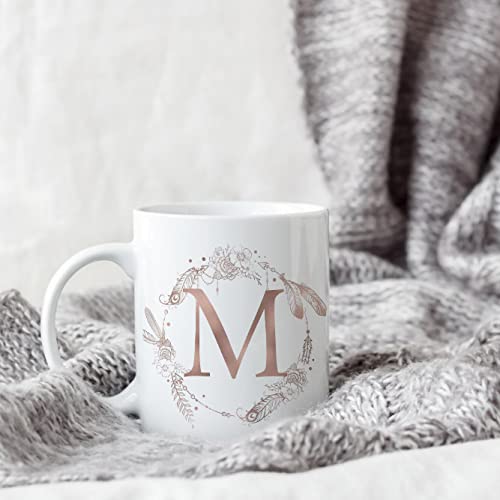 STITCHNEST Alphabet Initial Vintage Monogram Personalised Letter 'M' Printed Ceramic Mug (White and Rose Gold)