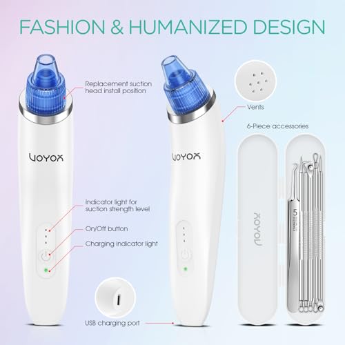 VOYOR Blackhead Remover Pore Vacuum - Electric Face Vacuum Pore Cleaner Acne White Heads Removal with 6 Suction Heads (BR410)
