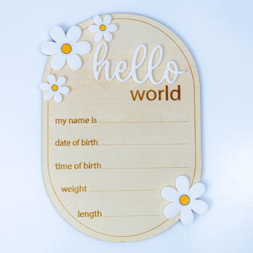 Image of Wooden Hello World Sign for Newborn Baby, Nursery Decor Hello World Newborn Signs, Birth Announcement Sign, Baby Shower Hospital Nursery for NewbornGirls (M05)