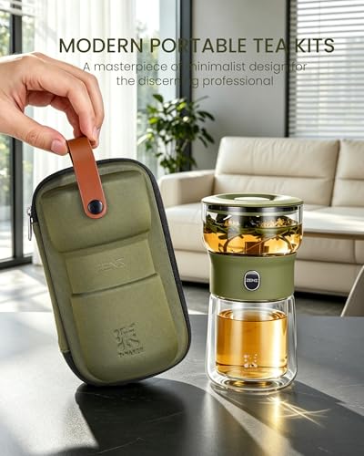Image of ZENS Modern Glass infuser Teapot, Small One Touch Tea Maker for Loose Tea Diffusers with 200ml Insulated Cup and Army Green Portable Carry Case, Magic Gongfu Tea Pot for Tea Lovers Gifts