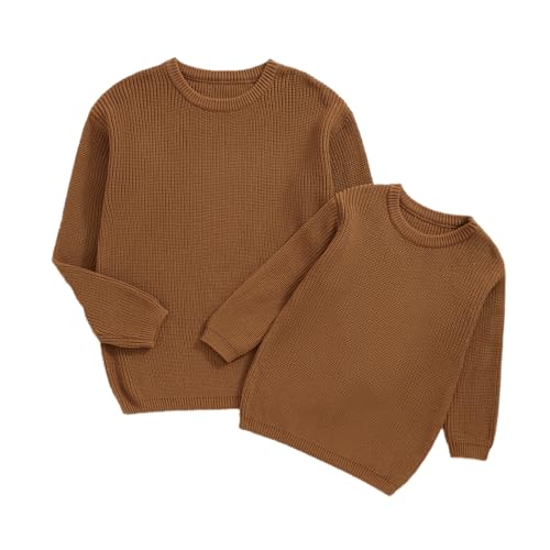 Mommy and Me Matching Sweaters Solid Color Long Sleeve Round Neck Chunky Pullover Tops Fall Winter Warm Knitwear