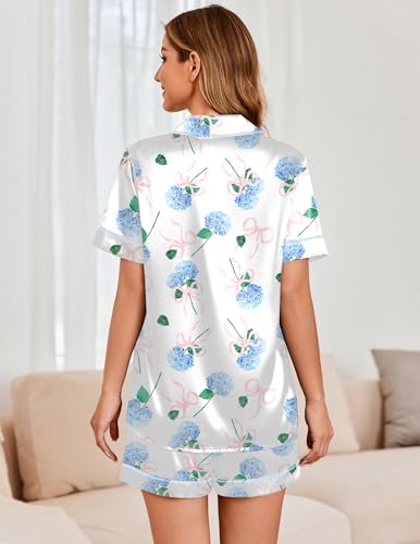 Image of Ekouaer Womens Satin Silk 2 Piece Pajamas Set Short Sleeve Sleepwear | Button Down Top and Shorts Loungewear Set for Sleep, Home, Wedding, Travel, Party, Daily Wear & Great for Sharing