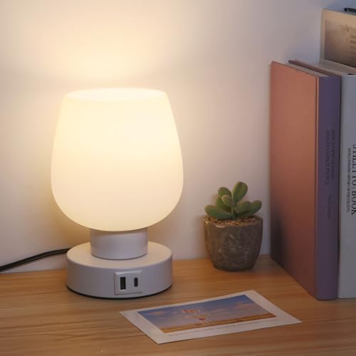 Lamparas de Mesita Noche Escritorio Moderna Portátil Lampara Mesa para Dormitorio Niños Lectura Mesita de noche, Lampara de Noche 3 Temperaturas con Puertos USB C y A, Pantalla Cristal Blanco Lechoso