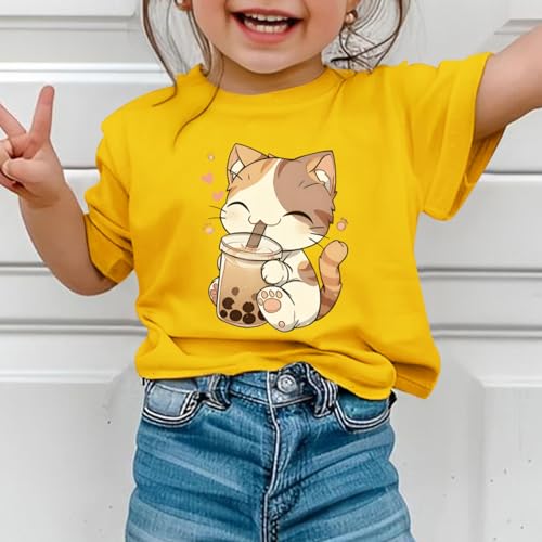 Image of KEEVICI Cute Cat Shirts for Girls Graphic Tees Bubble Tea Tshirt Kids Kawaii Cartoon Animal Print T Shirt Summer Cotton Tops