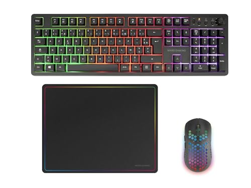 Mars Gaming MCPWX, Combo Gaming Inalámbrico, Tecnología DualPro Link 2.4GPRO, Teclado Completo FRGB con Control Multimedia + Ratón RGB 3200DPI + Alfombrilla Antideslizante 360x260mm, Negro, Francés