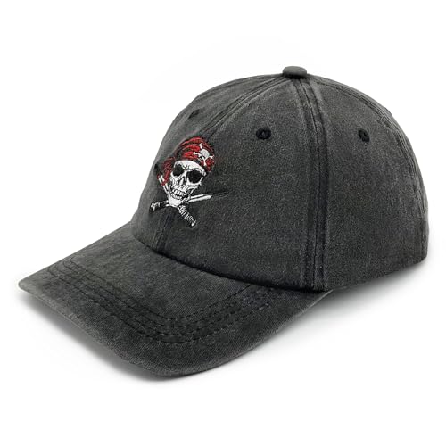 Image of Pirate Skull Embroidered Washed Hat Vintage Cotton Baseball Cap