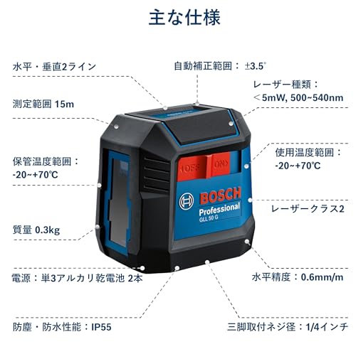 Image of Bosch Professional GLL 50 G Line Laser - Green Laser Technology, 15m, Compact Design & IP55 Protection, Tripod Thread, 1 /4 inch, 2 x 1.5 V LR6 (AA), 3.7V Li-ion Battery, 1 Year Warranty