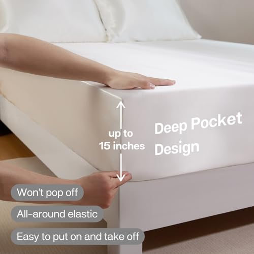 MR&HM Satin Fitted Sheet King Size with Elastic Corner Straps, Ivory by MR&HM - Image 5