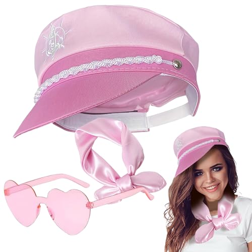 conjunto de disfraz de capitán: gorro de yate rosa con ajuste ajustable, bufanda y gafas de sol | Accesorios de vestir para marinero, azul marino y cuerpo de marines para mujeres, cosplay de Halloween
