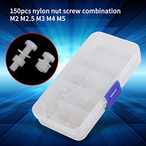150pcs M2 M2.5 M3 M4 M5 Nylon Screws Nuts Washers Assortment Kit Polyamide Fastener Set with Storage Box for Home Hardware Repairs