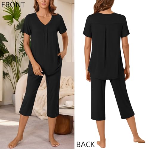 Image of Bestbee Women's Pajama Sets 2 Piece Lounge Outfits Summer Sleepwear V Neck Short Sleeve Capri Pant With Pockets Ladies Pjs