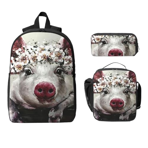 Sac à dos écolier cochon fleuri EdWal avec boîte repas et trousse