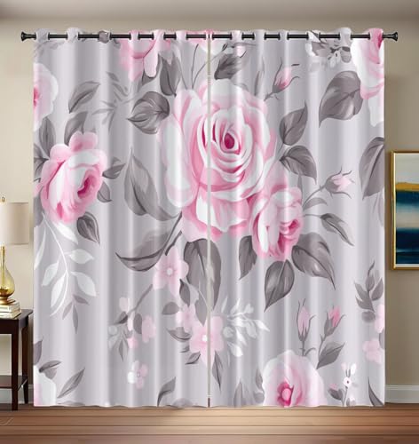 Tende per Interni Moderne 2 Pezzi,Lavanda Grigio Tende Oscuranti 3D Romanzo Moderno Rosa Rosa Occhielli Tenda Soggiorno,140L x 300A cm Moderne Cameretta Bambini Ufficio Albergo Decorativa 2 Pannelli