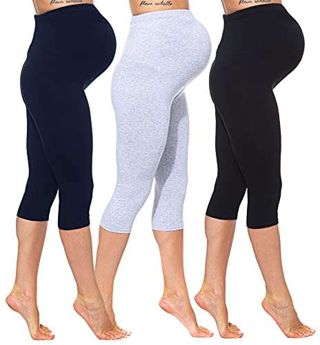 Sibinulo Schwangerschaftshose, 3/4 Umstandsleggings aus Baumwolle, Freizeithose für Schwangere, Blickdichte Schwarz, Marineblau, Graue Melange, 3er Pack M Cover