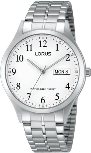 Lorus Men's Stainless Steel Day Date Watch - White Dial, Big Numerals, Rxn01Dx5