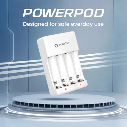 Image of Toreto Powerpod AA /AAA Battery Charger for Ni-MH /Ni-Cd Rechargeable Batteries, Charges 2 or 4 Cells, Smart Charge Control, Dual LED Indicators, Indian Plug, 220V AC Input (White)