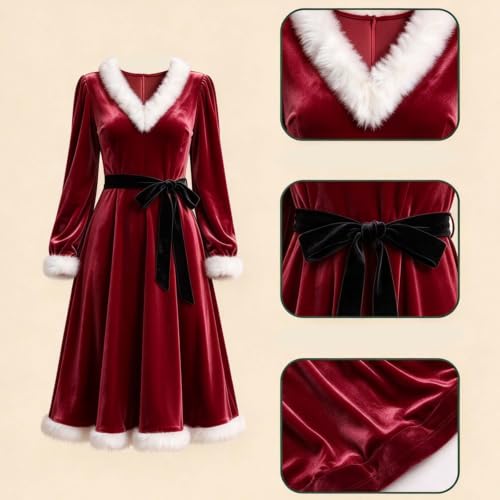 Christmas Dress Women Velvet Ruffle Hem Plush a Line Party Dress Red - image 5