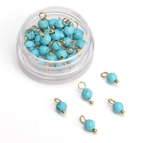 Beadia Natural Faceted Round Blue Turquoise Stone Charms 4mm 30pcs with Untarnish Metal Accessories Loose Beads for DIY Jewelry Making