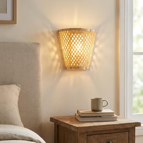 BARCELONA LED arruela de parede em Vime 'Pani' artesanal com Abajur na Madeira, bambu e fibras natureis, estilo boho, ilha, japonês, minimalista, moderno, industrial e clássico para sala, quarto