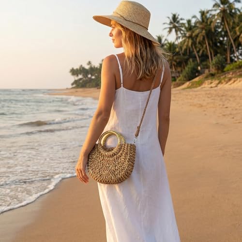 Image of Rattan Handmade Straw Tote Handbag Beach Shoulder Bag Summer Beach Rattan Bag Straw Bag
