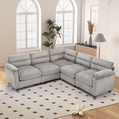HAOMARKETS 90" Wide Modular Sectional Corner Sofa Couch, Oversized Corduroy L Shaped 5-Seater Couches with Rolled Arms and Thicken Cushion for Living Room, Grey