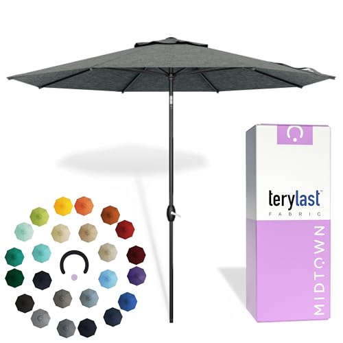 Image of Midtown Umbrellas - 10-Year-No-Fade 9 Ft Patio Umbrella with Terylast Fabric, Auto-Tilt Aluminum Frame and 8 Reinforced Ribs for Deck, Pool, Garden & Beach - Geige Canopy, Black Pole