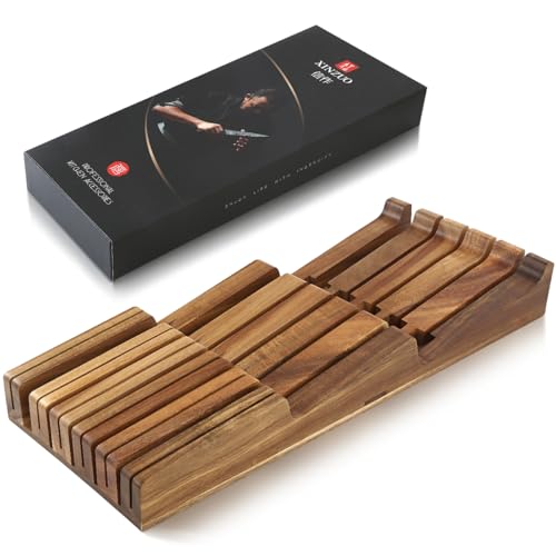 XINZUO Cassetto Blocco di Coltelli da Cucina in Legno di Acacia -43,6x18,4x5,3cm Ceppo Portacoltelli Universale per Cassetto (Senza Coltelli) -4 Coltelli Lunghi+6 Corti+1 Acciarino per Affilare