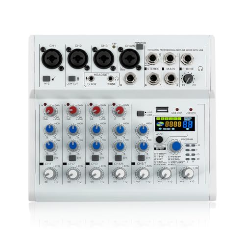 7-Kanal-Studio-Audio-Mixer, Stereo Sound Mischkonsole, Mischpult mit USB Bluetooth, Anzeige, 88 Arten von DPS Digitalen Effekten für Recording DJ Stage Karaoke Bars Aufnahmestudios, 48V Phantom Power(