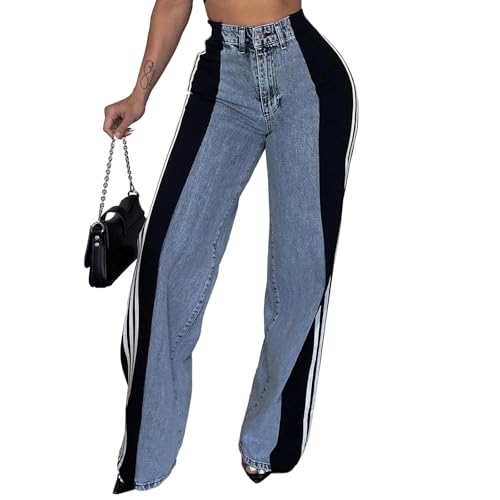 Conshvi Women's Wide Leg Jeans Striped Patchwork High Waisted Stretch Baggy Jeans Trendy Color Block Straight Leg Denim Pants