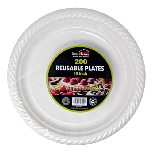 BH | 10" - Reusable Plastic Plates - 200 Pack | Microwave and Dishwasher Safe | White Large | Lunch & Dinner | Catering, Events, Parties, and Everyday Use (10 inch Plates, White) - by Best House