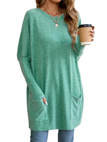 Famulily Ladies Jumpers Round Neck Long T Shirt Outfits Soft Batwing Sleeve Sweatshirt with Pockets Green XXL
