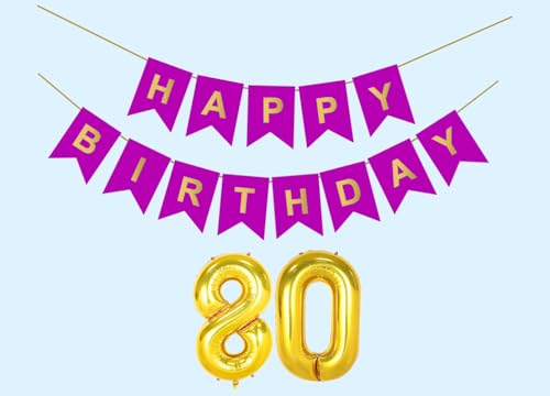 Image of 80th Happy Birthday Decoration Kit Purple for 80 year Old Men with Number Eighty Party Decorations Decor Celebration Items Item Set Combo Reusable Paper Banner