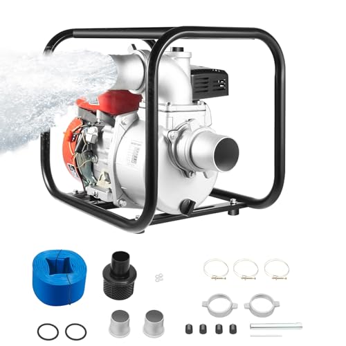 Fridgestea 7,5PS Benzin Wasserpumpe 3 Zoll (80mm) mit 7,5m Schlauch | 4-Takt Hochleistungspumpe 35m³/h | 30m Förderhöhe | für Landwirtschaft, Feuerwehr & Gartenbewässerung