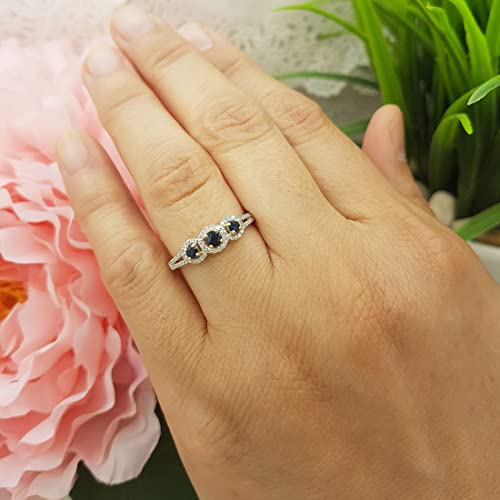 Dazzlingrock Collection Round Blue Sapphire & White Diamond 3 Stone Halo Engagement Ring for Women in Solid Gold2