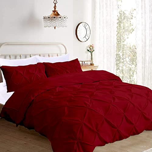 Pinch Pleated 3 Piece Duvet Cover Set 100% Egyptian Cotton 1000 Thread Count with Zipper & Corner Ties Rectangle Pattern Decorative Pintuck Pillow Shams (Full/Full XL 88x88, Burgundys)